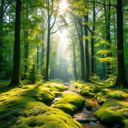 A serene forest scene featuring tall, lush green trees with sun rays filtering through the leaves, casting dappled light on the forest floor