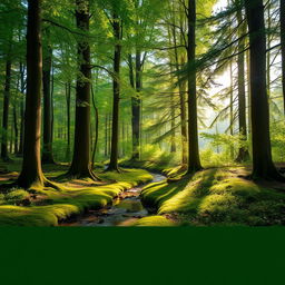 A serene forest scene featuring tall, lush green trees with sun rays filtering through the leaves, casting dappled light on the forest floor