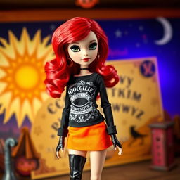 A stylish Bratz doll with striking black eyes and wavy red hair cascading down her shoulders, dressed in a black long-sleeve shirt that showcases an intricate Ouija board print