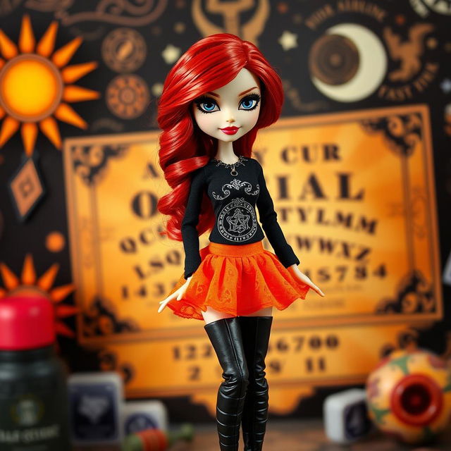 A stylish Bratz doll with striking black eyes and wavy red hair cascading down her shoulders, dressed in a black long-sleeve shirt that showcases an intricate Ouija board print