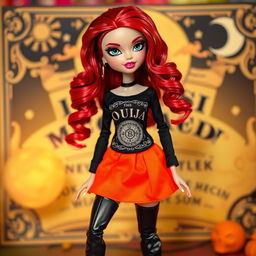 A stylish Bratz doll with striking black eyes and wavy red hair cascading down her shoulders, dressed in a black long-sleeve shirt that showcases an intricate Ouija board print