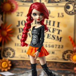 A stylish Bratz doll with striking black eyes and wavy red hair cascading down her shoulders, dressed in a black long-sleeve shirt that showcases an intricate Ouija board print