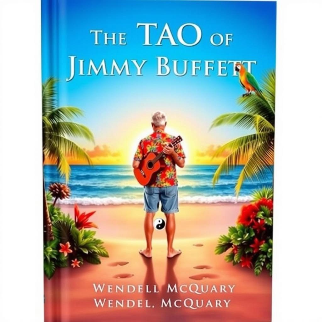 A vibrant beach scene depicting a man in a colorful Hawaiian shirt playing a guitar, standing on a sandy beach surrounded by palm trees