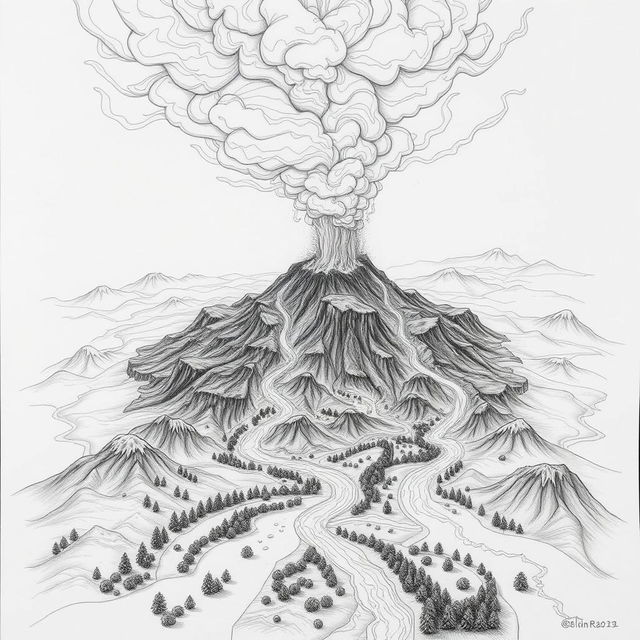 A dramatic pencil drawing titled 'Nature's Fury Unleashed,' depicting a volcanic eruption in an aerial view