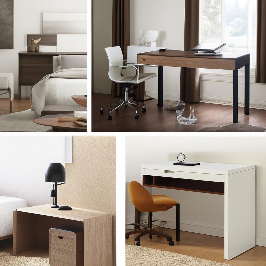 A selection of sleek and functional computer tables designed for a modern bedroom space, featuring various styles, colors, and materials.