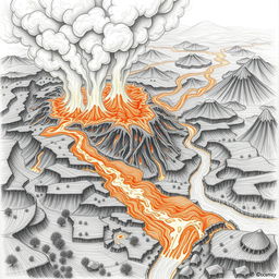 A dramatic pencil drawing titled 'Nature's Fury Unleashed,' depicting a volcanic eruption in an aerial view