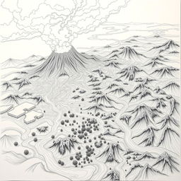 A dramatic pencil drawing titled 'Nature's Fury Unleashed,' depicting a volcanic eruption in an aerial view