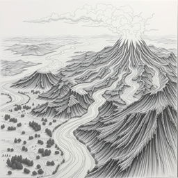 A dramatic pencil drawing titled 'Nature's Fury Unleashed,' depicting a volcanic eruption in an aerial view