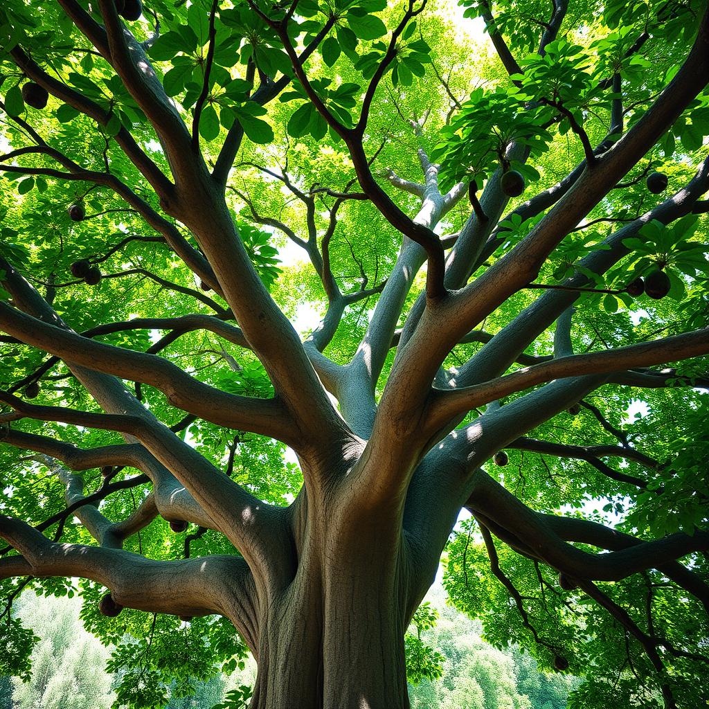 A grand and majestic fig tree, its thick trunk and sprawling branches elegantly stretching outwards