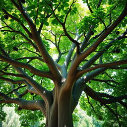 A grand and majestic fig tree, its thick trunk and sprawling branches elegantly stretching outwards