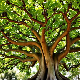 A grand and majestic fig tree, its thick trunk and sprawling branches elegantly stretching outwards