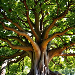 A grand and majestic fig tree, its thick trunk and sprawling branches elegantly stretching outwards
