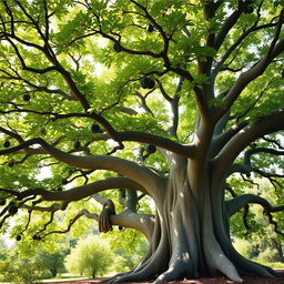 A grand and majestic fig tree, its thick trunk and sprawling branches elegantly stretching outwards