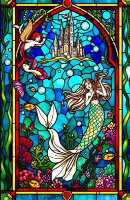 An intricately designed stained glass window depicting a fantasy scene featuring mermaids in an enchanting underwater realm