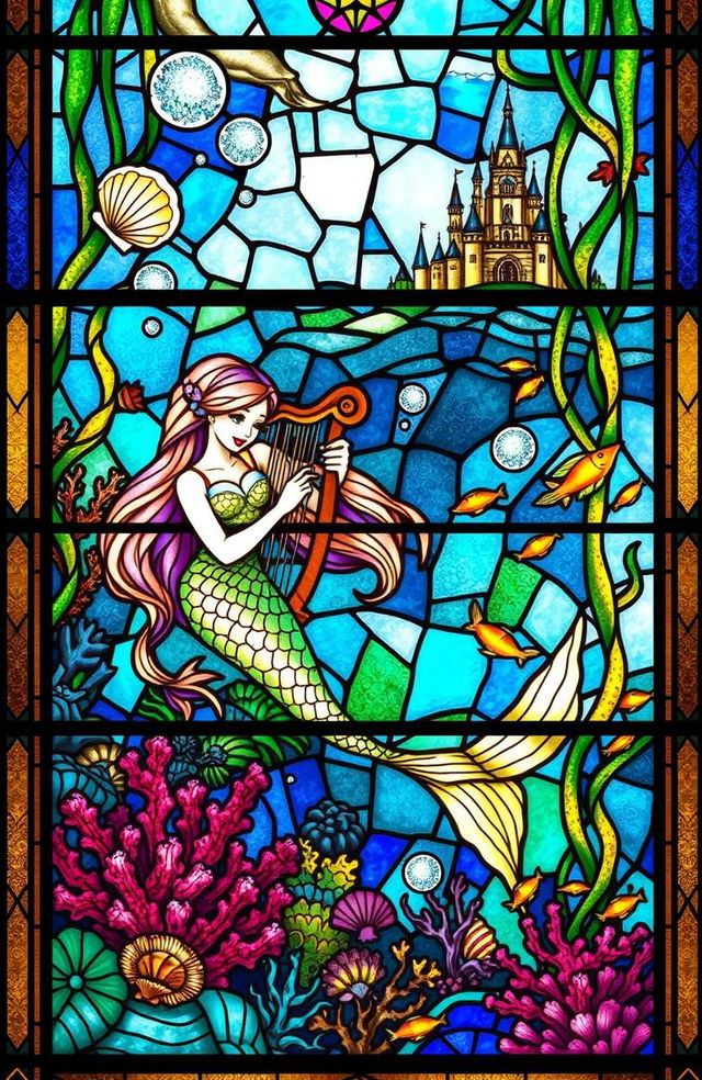 An intricately designed stained glass window depicting a fantasy scene featuring mermaids in an enchanting underwater realm