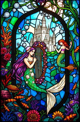 An intricately designed stained glass window depicting a fantasy scene featuring mermaids in an enchanting underwater realm