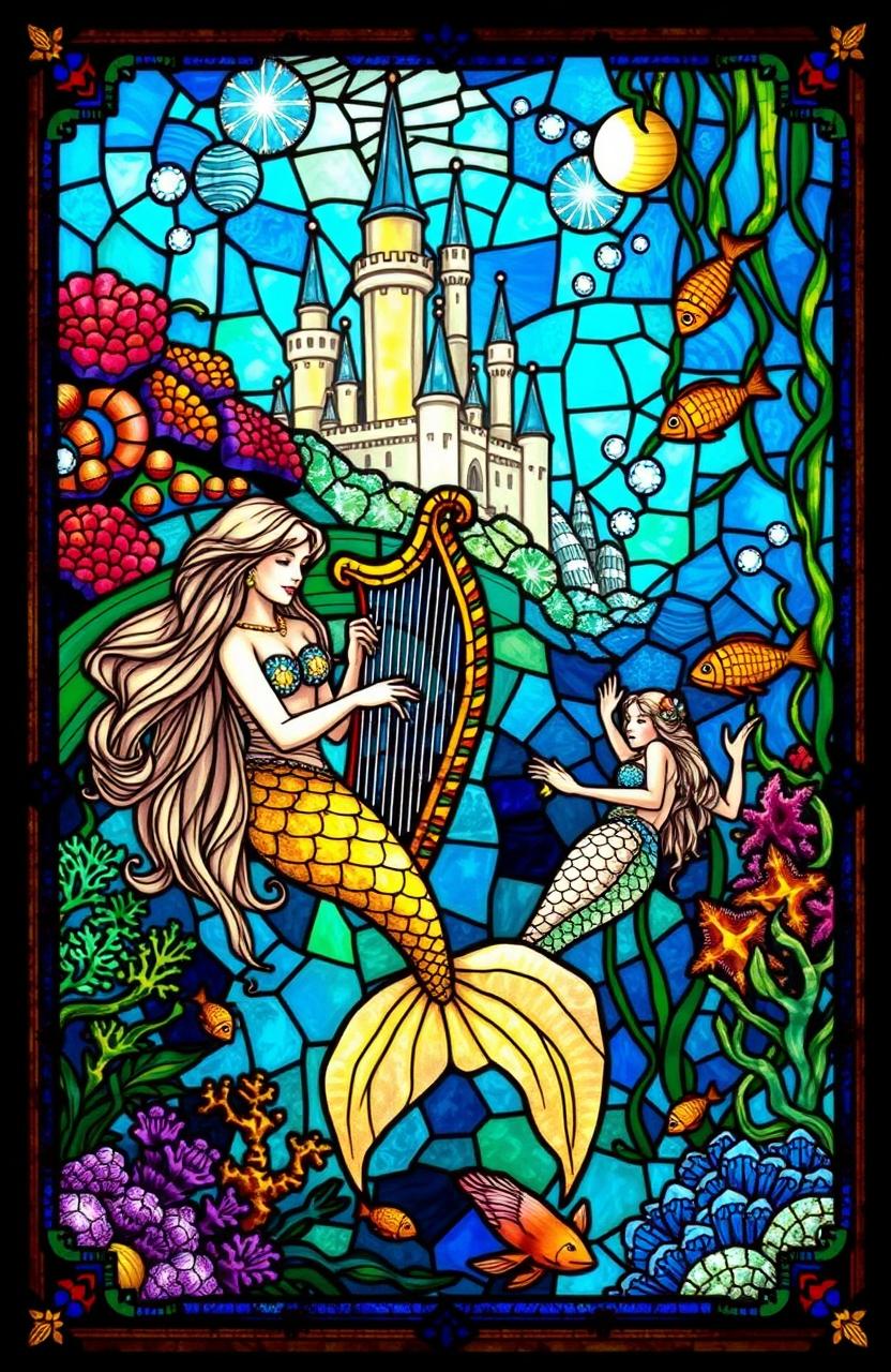 An intricately designed stained glass window depicting a fantasy scene featuring mermaids in an enchanting underwater realm