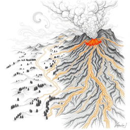 A dramatic pencil drawing titled 'Nature's Fury Unleashed' that depicts a volcanic eruption from an aerial view