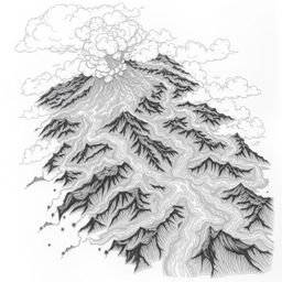A dramatic pencil drawing titled 'Nature's Fury Unleashed' that depicts a volcanic eruption from an aerial view