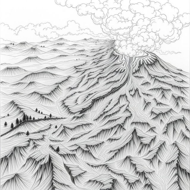 A dramatic pencil drawing titled 'Nature's Fury Unleashed' that depicts a volcanic eruption from an aerial view