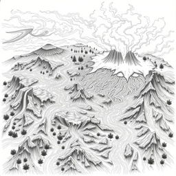 A dramatic pencil drawing titled 'Nature's Fury Unleashed' that depicts a volcanic eruption from an aerial view