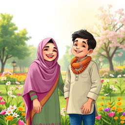 A warm and friendly scene featuring a Muslim girl and a Hindu boy sharing a joyful moment together in a vibrant park