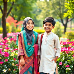 A warm and friendly scene featuring a Muslim girl and a Hindu boy sharing a joyful moment together in a vibrant park
