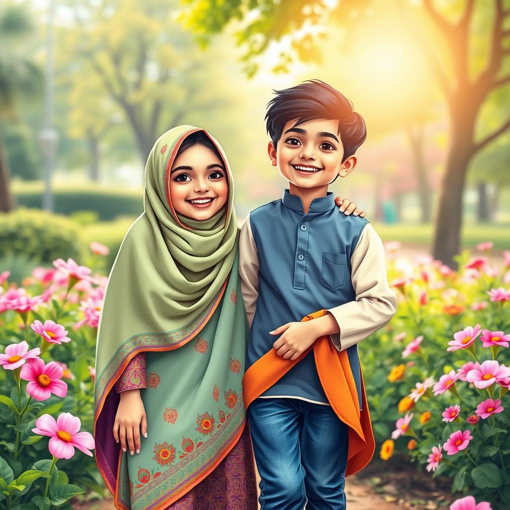 A warm and friendly scene featuring a Muslim girl and a Hindu boy sharing a joyful moment together in a vibrant park