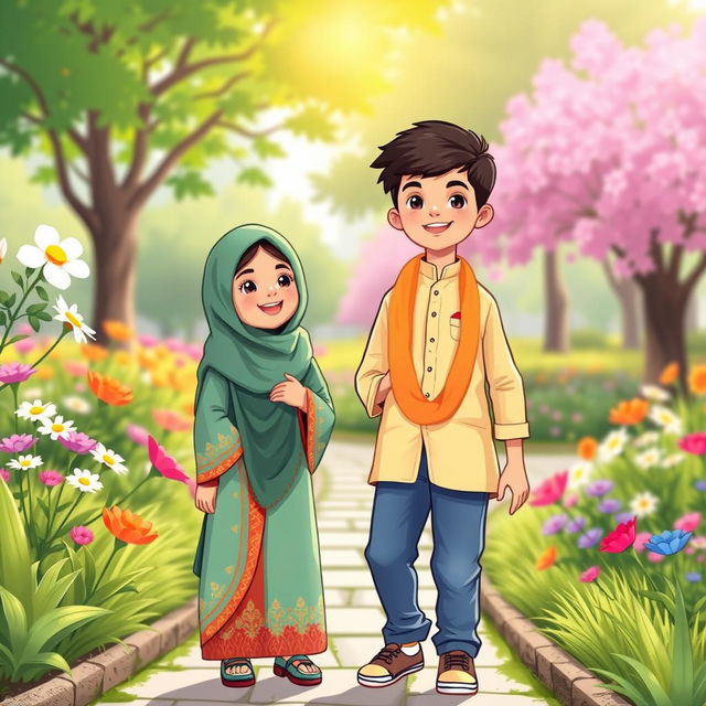 A warm and friendly scene featuring a Muslim girl and a Hindu boy sharing a joyful moment together in a vibrant park