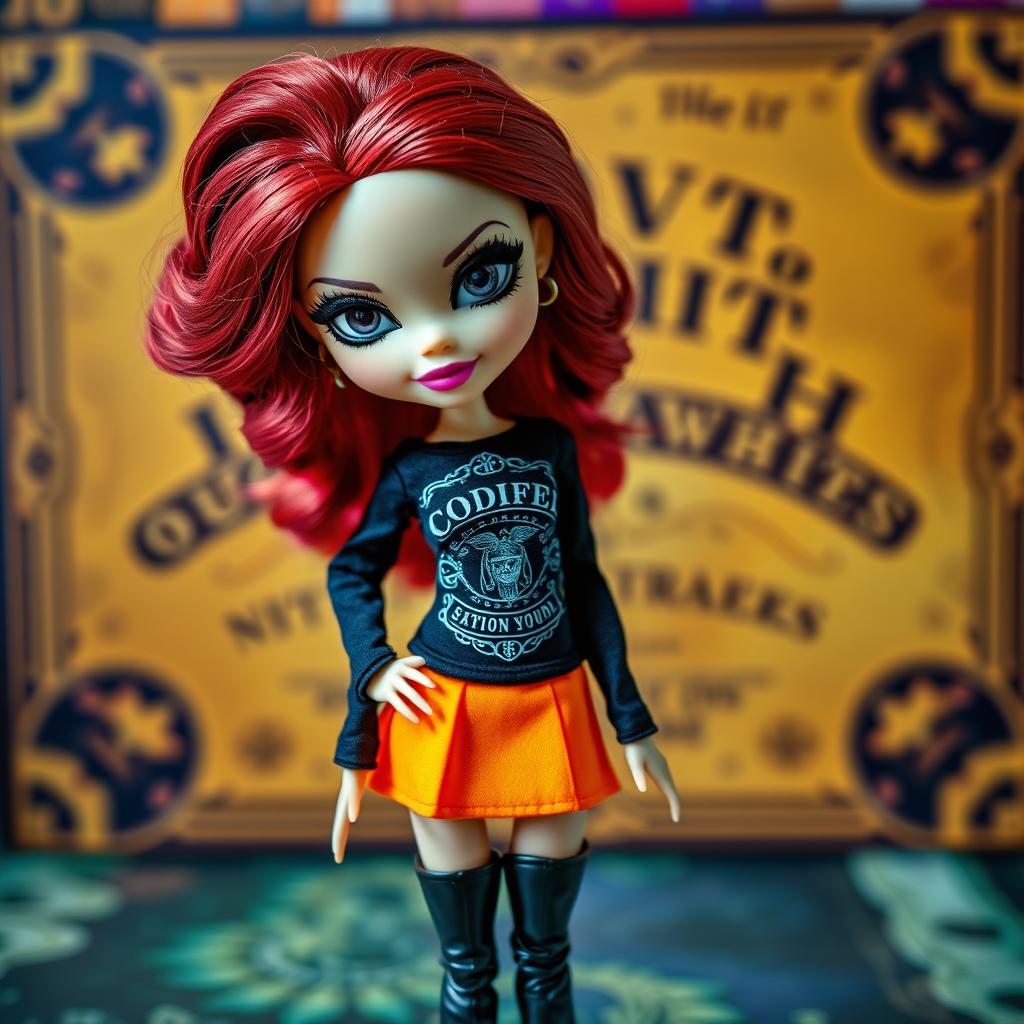 A stylish Bratz doll with striking black eyes and wavy red hair cascading down her shoulders, dressed in a black long-sleeve shirt showcasing an intricate Ouija board print