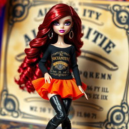 A stylish Bratz doll with striking black eyes and wavy red hair cascading down her shoulders, dressed in a black long-sleeve shirt showcasing an intricate Ouija board print