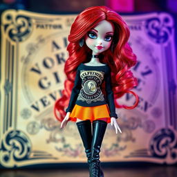 A stylish Bratz doll with striking black eyes and wavy red hair cascading down her shoulders, dressed in a black long-sleeve shirt showcasing an intricate Ouija board print