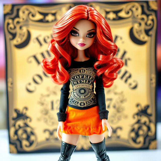 A stylish Bratz doll with striking black eyes and wavy red hair cascading down her shoulders, dressed in a black long-sleeve shirt showcasing an intricate Ouija board print