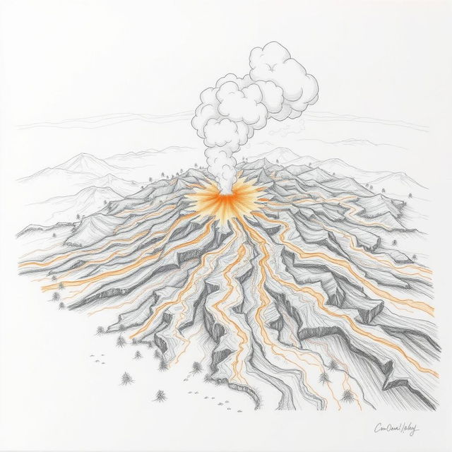 A dramatic pencil drawing titled 'Nature's Fury Unleashed,' illustrating a volcanic eruption with an emphasis on flowing lava streams and rivers