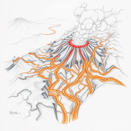 A dramatic pencil drawing titled 'Nature's Fury Unleashed,' illustrating a volcanic eruption with an emphasis on flowing lava streams and rivers