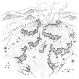 A dramatic pencil drawing titled 'Nature's Fury Unleashed,' illustrating a volcanic eruption with an emphasis on flowing lava streams and rivers