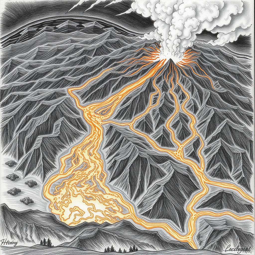 A dramatic pencil drawing titled 'Nature's Fury Unleashed,' illustrating a volcanic eruption with an emphasis on flowing lava streams and rivers