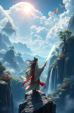 A breathtaking scene from a Xianxia fantasy world, featuring a majestic mountain landscape with floating islands and celestial clouds