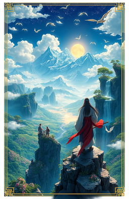 A breathtaking scene from a Xianxia fantasy world, featuring a majestic mountain landscape with floating islands and celestial clouds