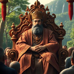 A wise and just king dressed in regal robes, sitting thoughtfully on a throne made of beautifully carved wood, surrounded by his beloved people who look up to him with admiration