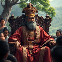 A wise and just king dressed in regal robes, sitting thoughtfully on a throne made of beautifully carved wood, surrounded by his beloved people who look up to him with admiration