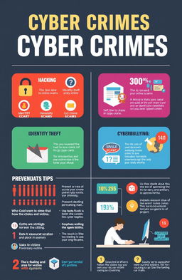 An informative infographic about cyber crimes, depicting various types such as hacking, identity theft, online scams, and cyberbullying