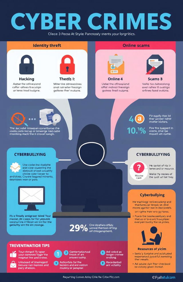 An informative infographic about cyber crimes, depicting various types such as hacking, identity theft, online scams, and cyberbullying