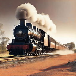 A high-quality poster featuring a powerful steam train engine in the heart of the Australian Outback