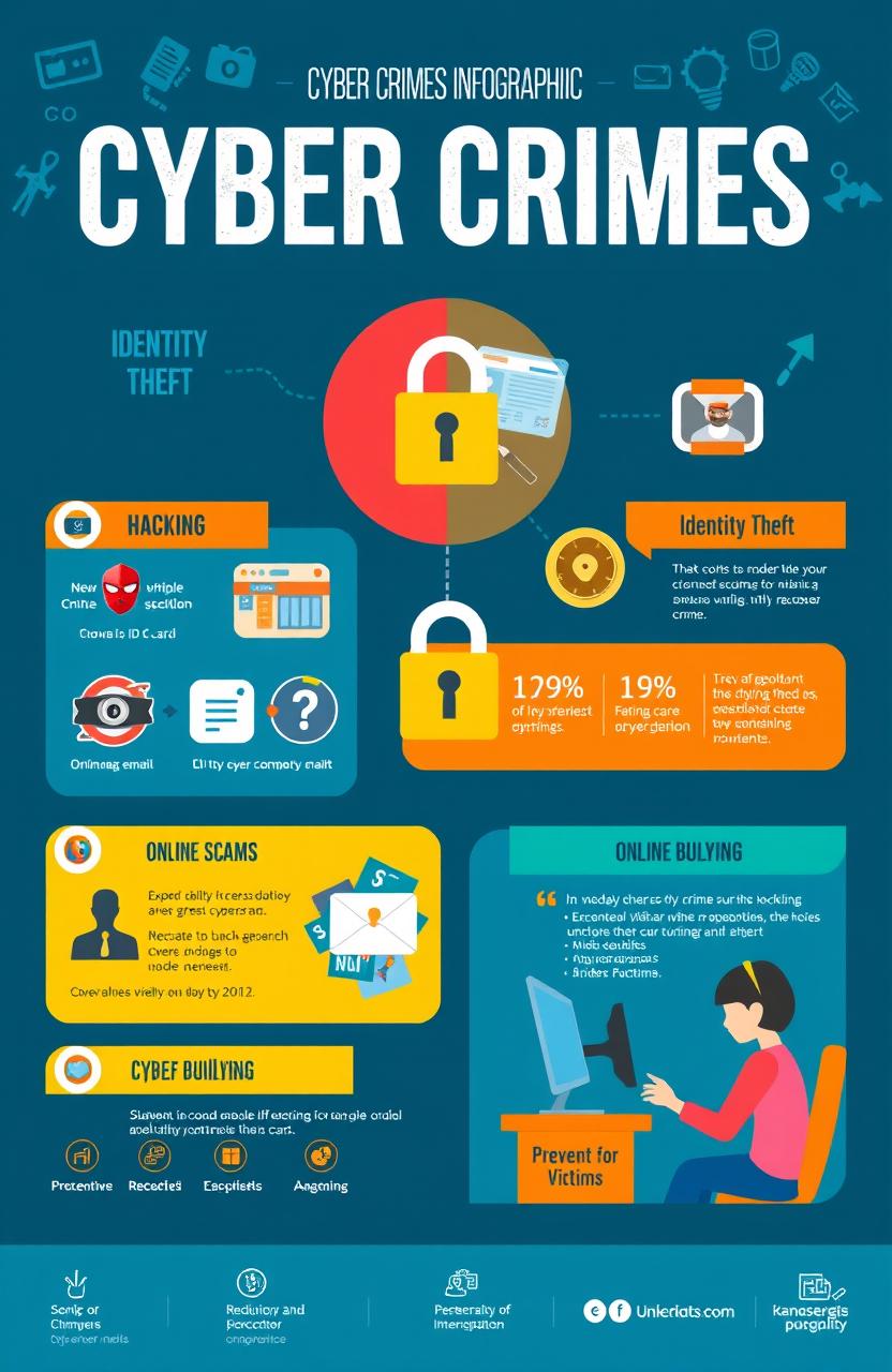 An informative infographic about cyber crimes, depicting various types such as hacking, identity theft, online scams, and cyberbullying