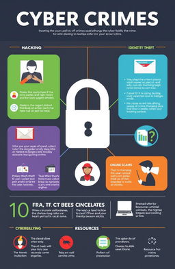 An informative infographic about cyber crimes, depicting various types such as hacking, identity theft, online scams, and cyberbullying