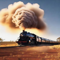 A high-quality poster featuring a powerful steam train engine in the heart of the Australian Outback