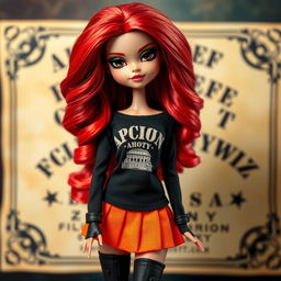 A fashionable Bratz doll with captivating black eyes and long wavy red hair flowing elegantly down her back
