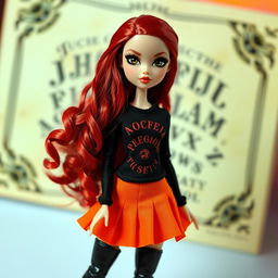 A fashionable Bratz doll with captivating black eyes and long wavy red hair flowing elegantly down her back