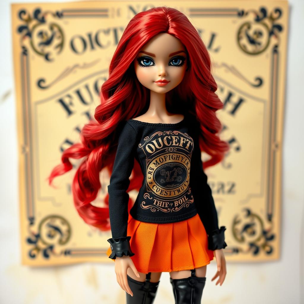 A fashionable Bratz doll with captivating black eyes and long wavy red hair flowing elegantly down her back